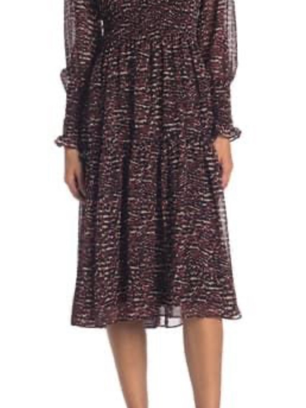 Just Taylor Smocked Waist Long Sleeve chiffon Midi Dress in Maroon Speckle 8